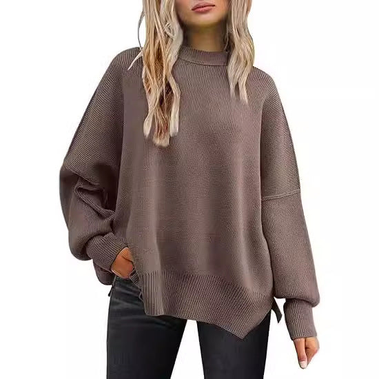 Thick Needle Side Slit Sweater Round Neck Loose Solid Color Batwing Long Sleeve Sweater for Women