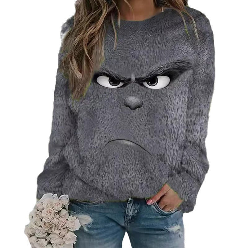 Green Fur Print Round Neck Loose Women's Pullover Sweater