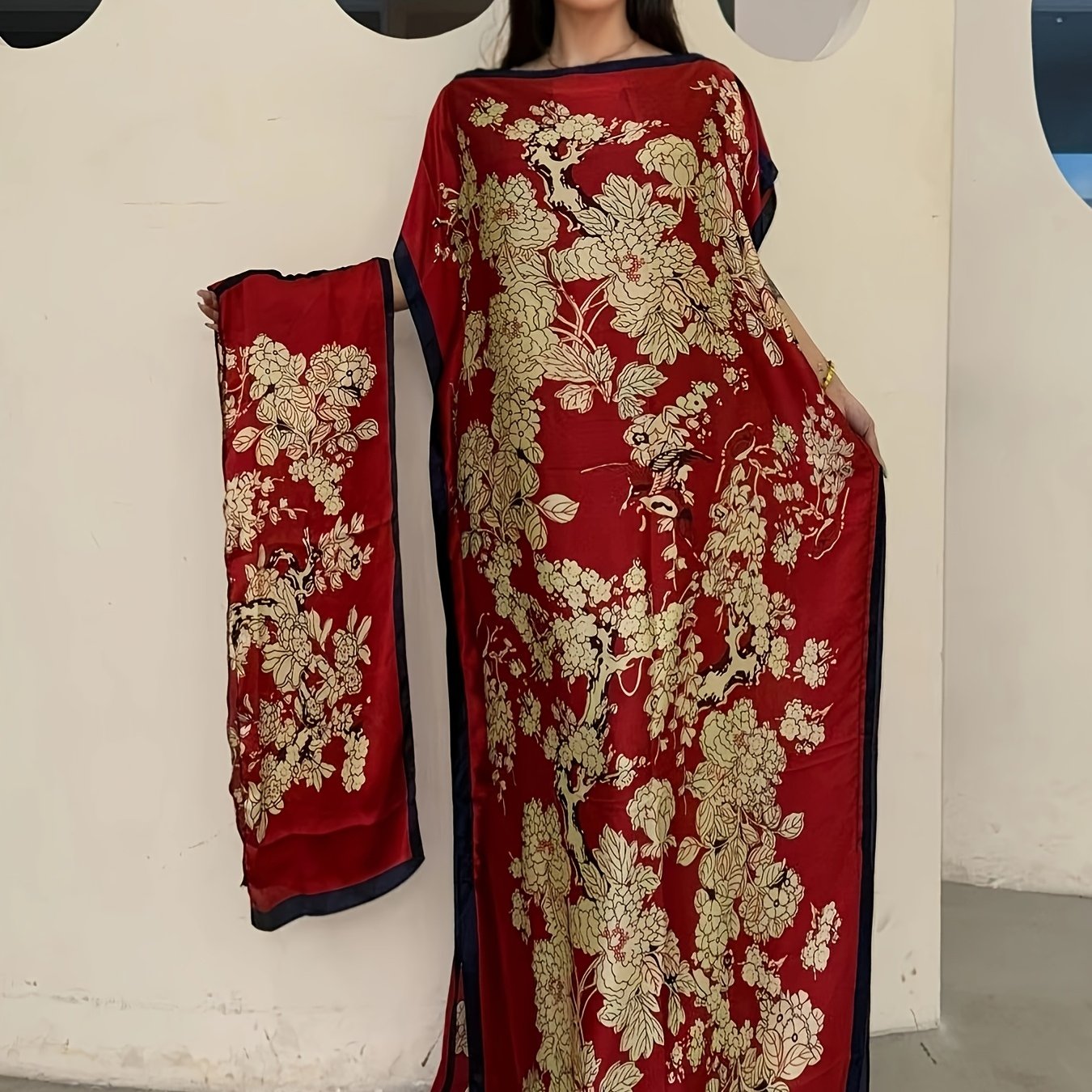 Floral Boat Neck Abaya with Batwing Sleeves – Plus Size Relaxed Fit Maxi Dress