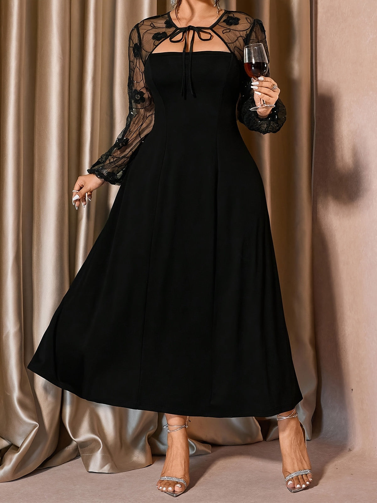 Elegant Plus Size Square Neck Mesh Midi Dress