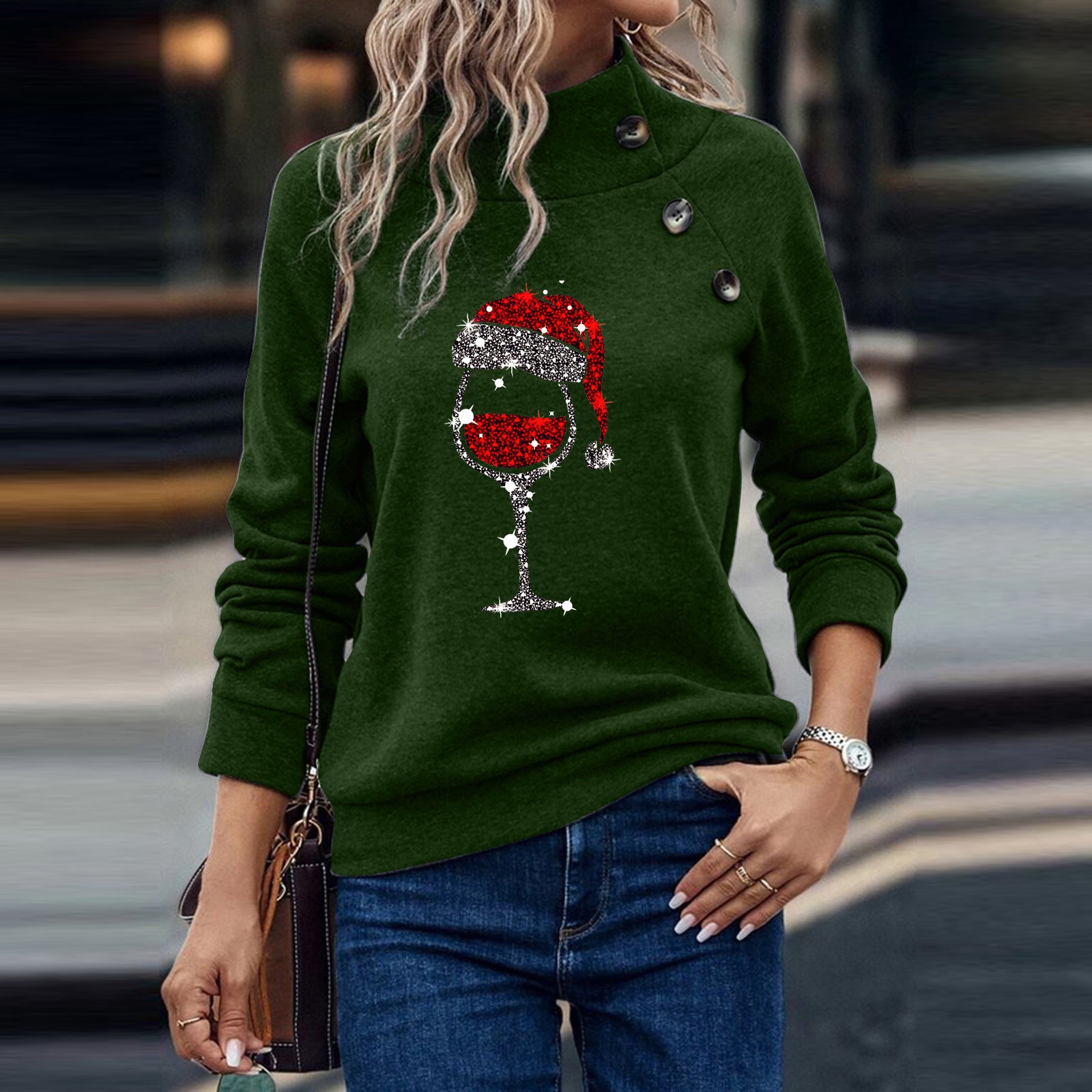 Cup Round Neck Button Christmas Loose Sweater Women