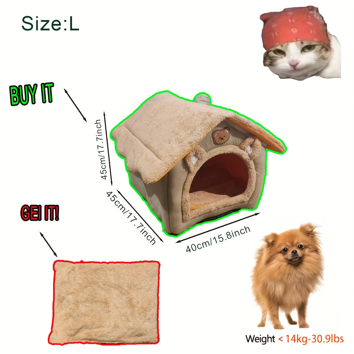 Straw House Style Cartoon Bear Print Dog House, Suitable For Small Dogs And All Sizes Cats, Made Of Polyester Fiber, Soft And Comfortable For A Cozy Winter, Casita Para Perro, Dog House Outdoor, Dog