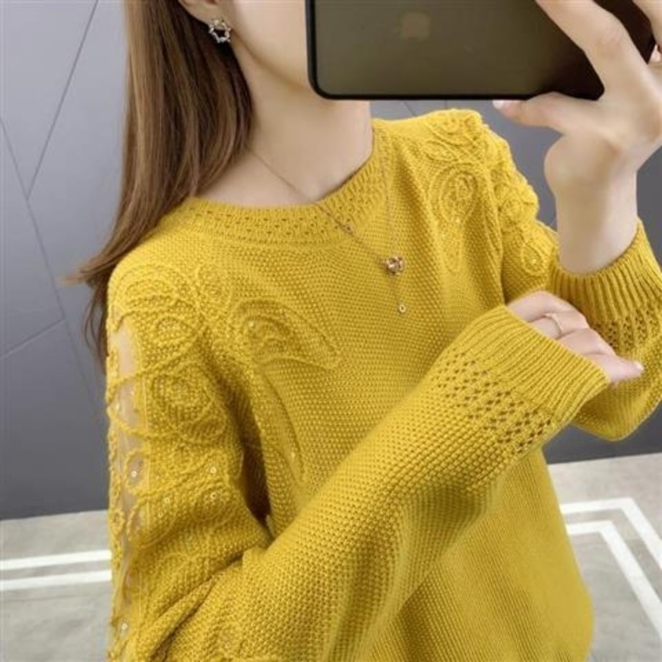 Pullover Lace Bottoming Shirt Long Sleeve Loose Hollow Knitted Sweater for Women