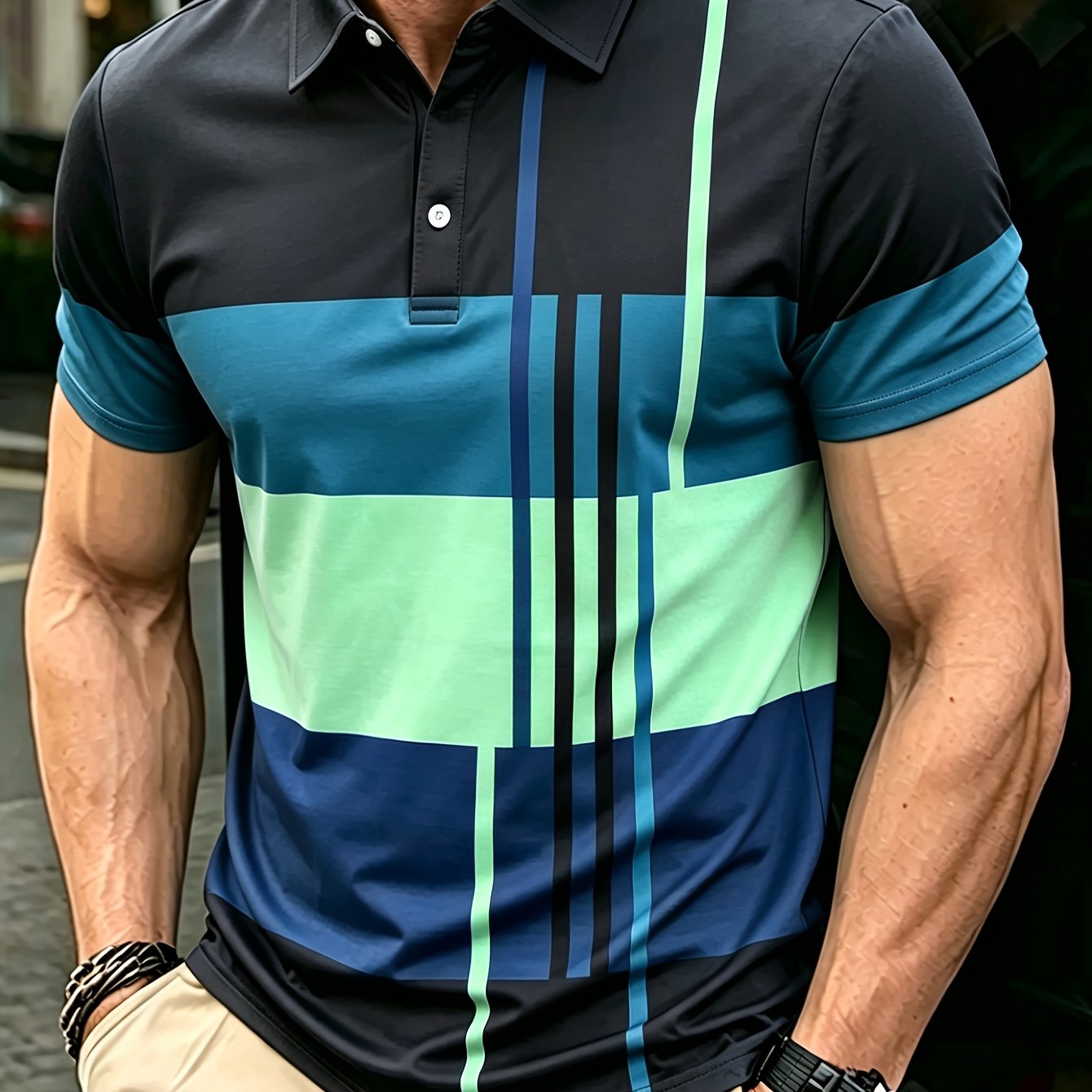 Men's Color Block Striped Polo Shirt – Short Sleeve