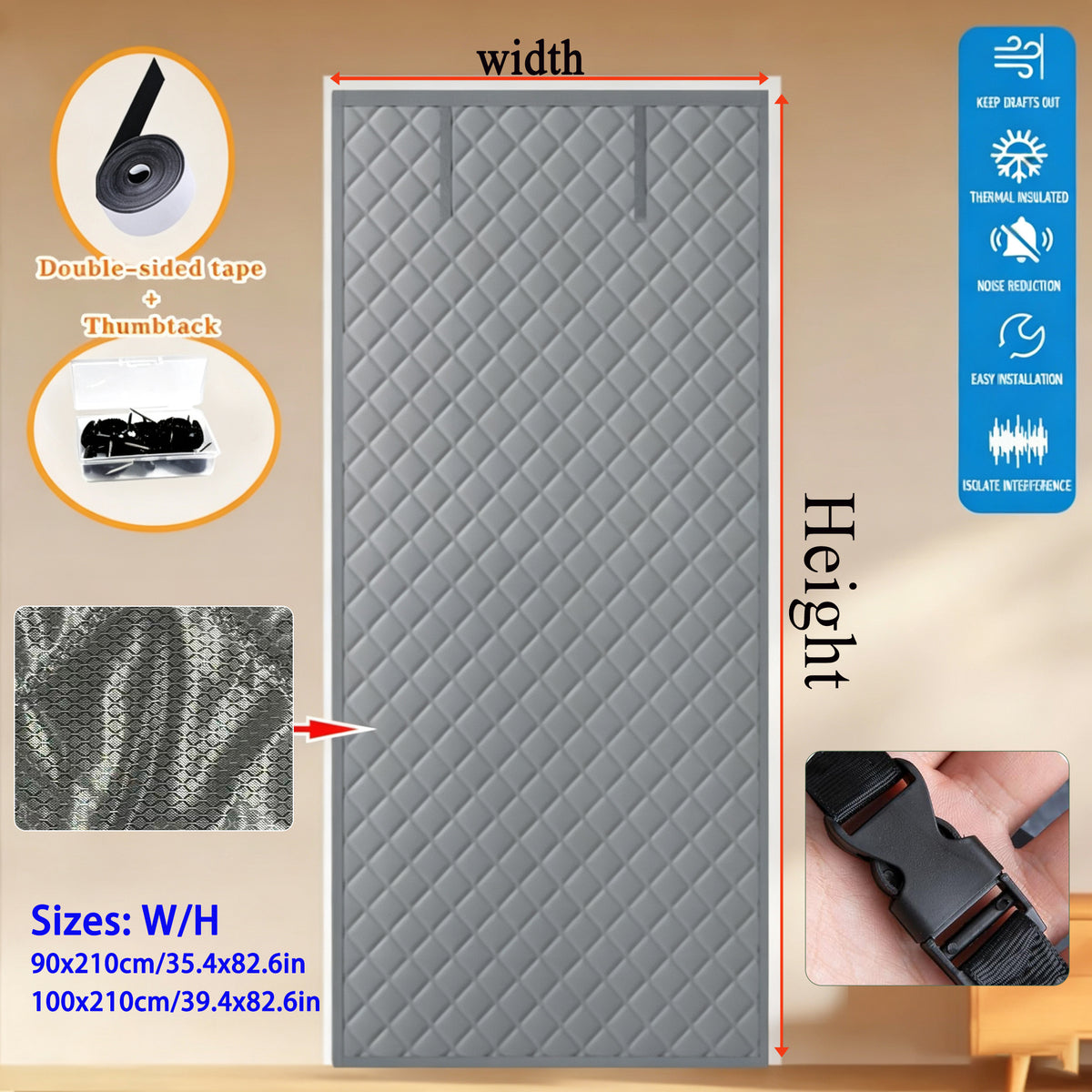 Thick Diamond Quilted Thermal Insulated Door Curtain, Windproof Cold Block Door Drape with Roll Up Buckle, Punch & Adhesive 2 Installation Ways Energy Saving Door Cover for Home Balcony Courtyard Gara