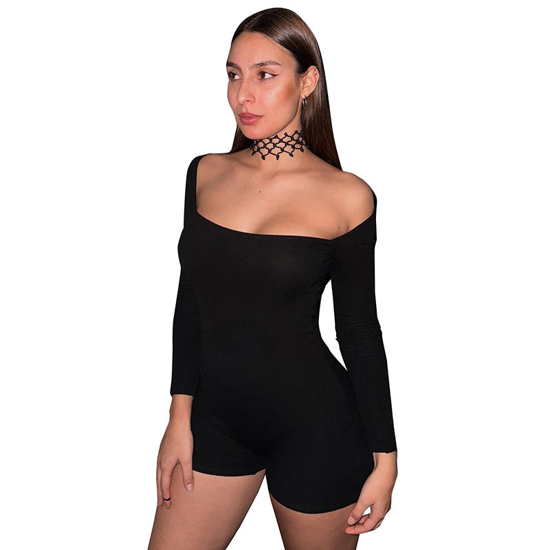 Backless U-Neck Long-Sleeve Bodycon Shorts Jumpsuit