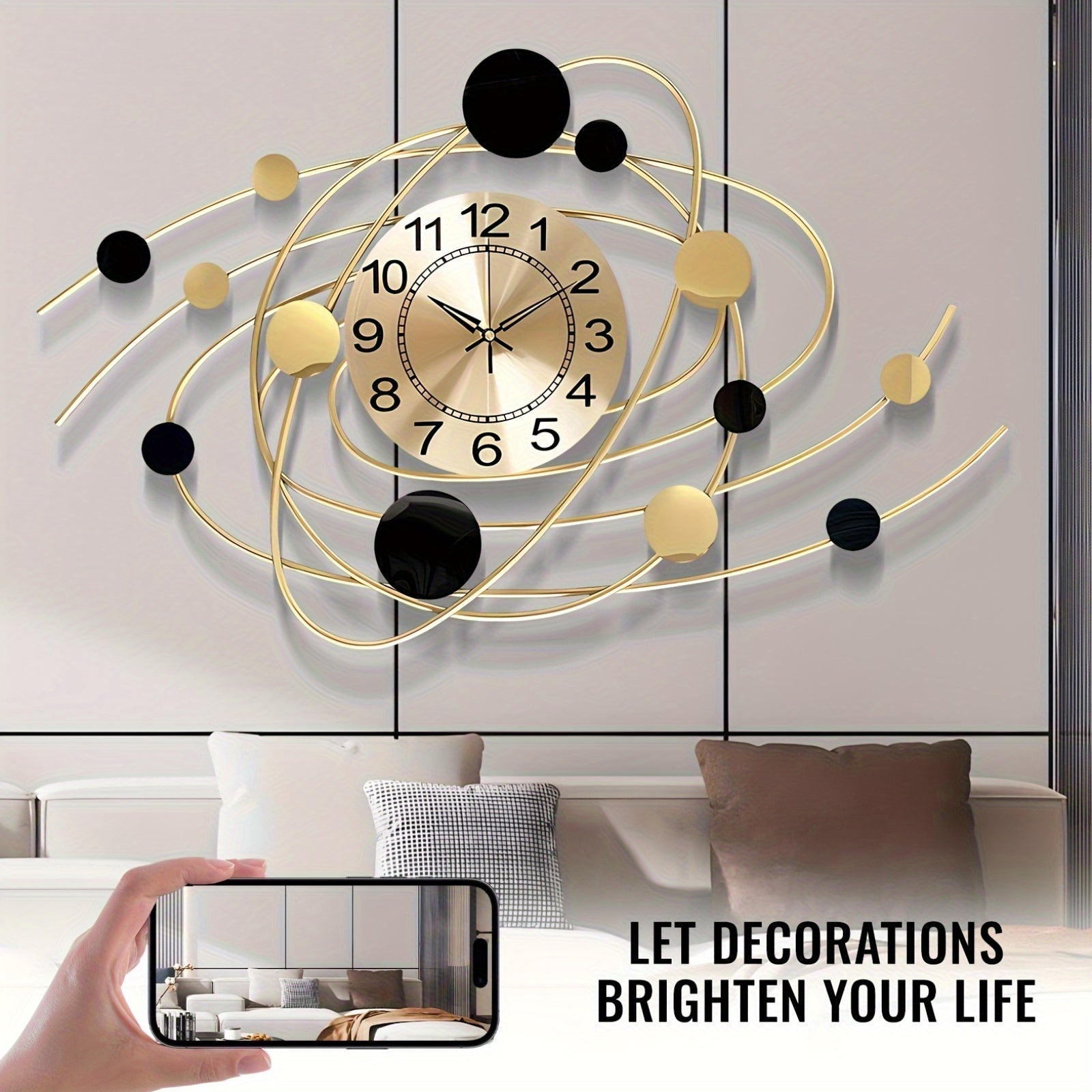 Modern Nordic Silent Wall Clock - Golden Iron Art Deco Design With Large Digital Numbers, Black & Golden Geometric Circles, Battery-Powered Decorative Clock For Living Room & Home Decor, Clock Wall Decor