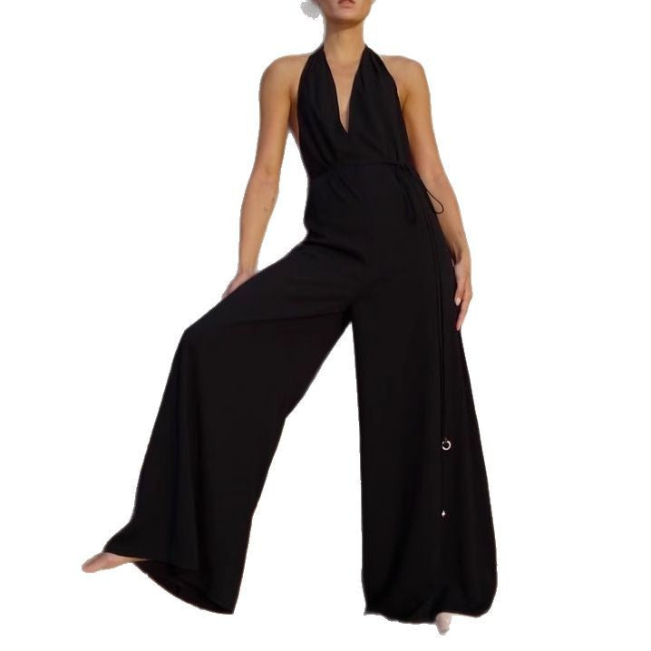 Elegant V-Neck Halter Wide-Leg Jumpsuit