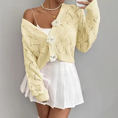 Elegant Solid-color Hollow-out Knit Cardigan for Europe and America