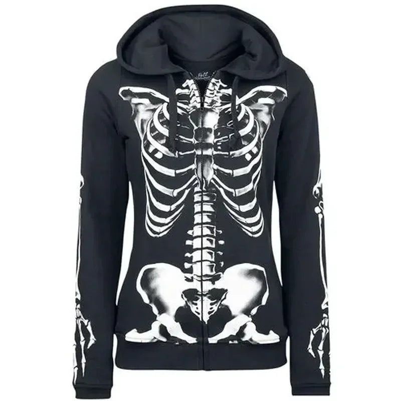 Women's Edgy Skull Print Loose Pullover Hoodie