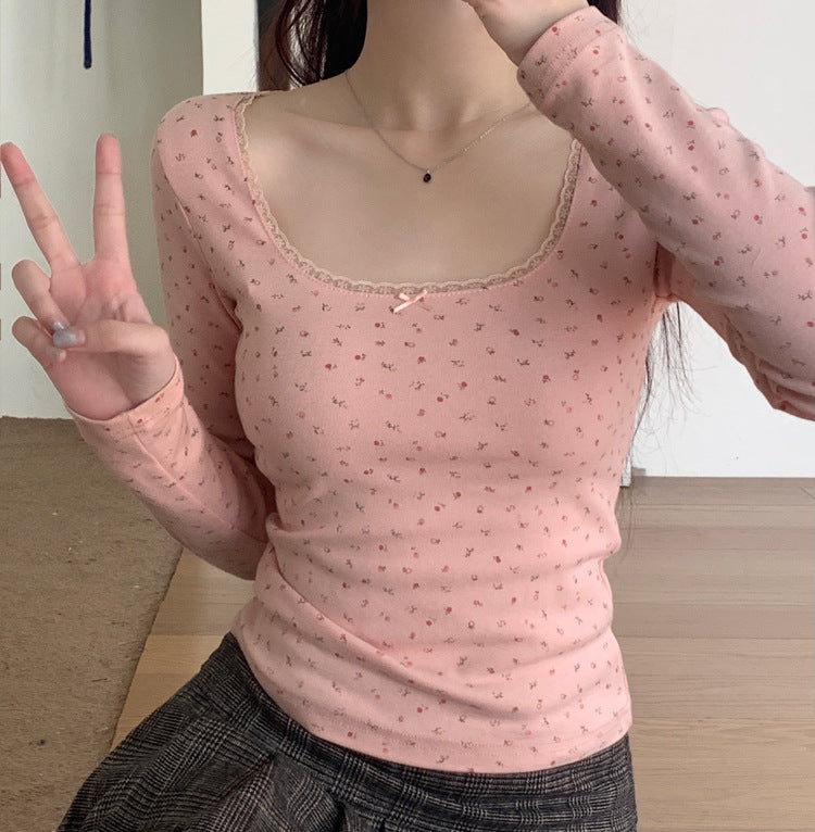 Floral Lace Long Sleeve Slim Crop Top