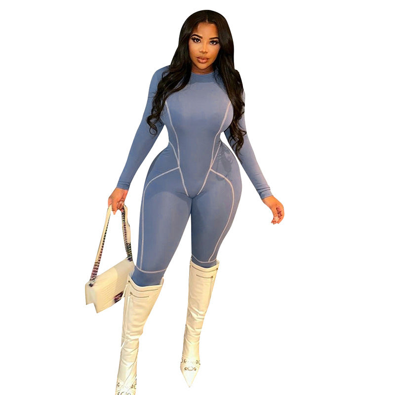 Solid Color Round Neck Long Sleeve Reverse Car Side Line Slim One-piece Trousers