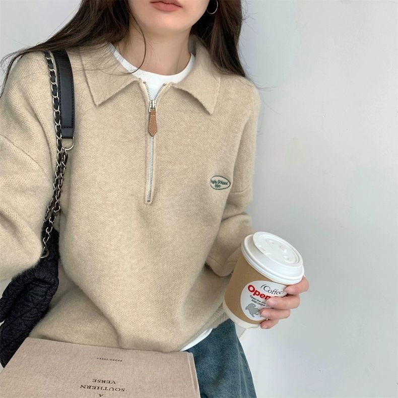 Korean Chic Polo Zipper Knit Sweater