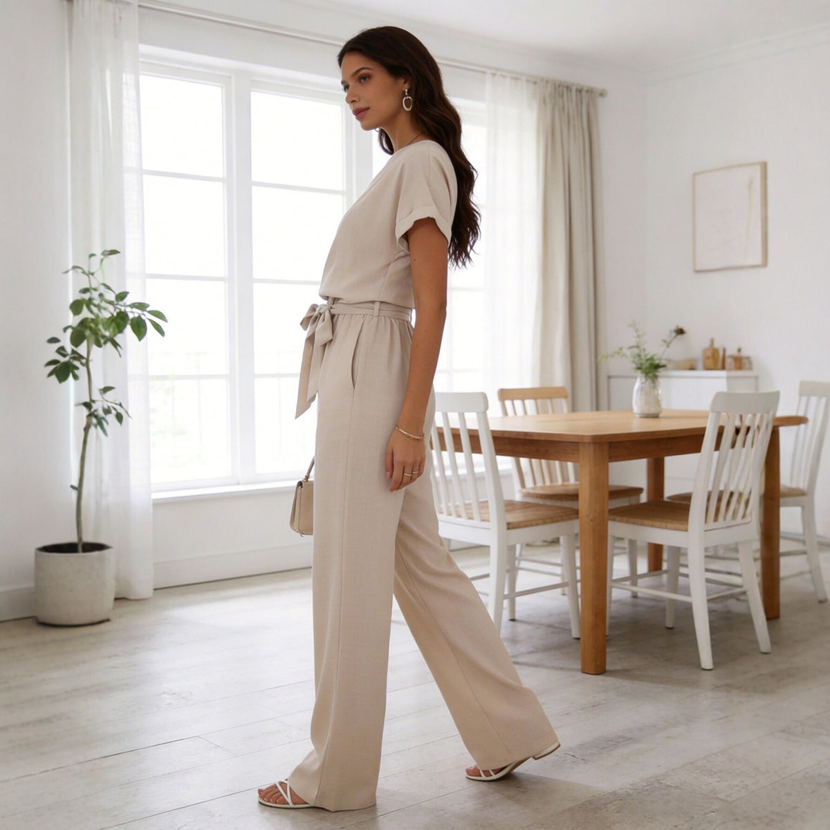 Casual Solid Color Drawstring Wide-Leg Pants