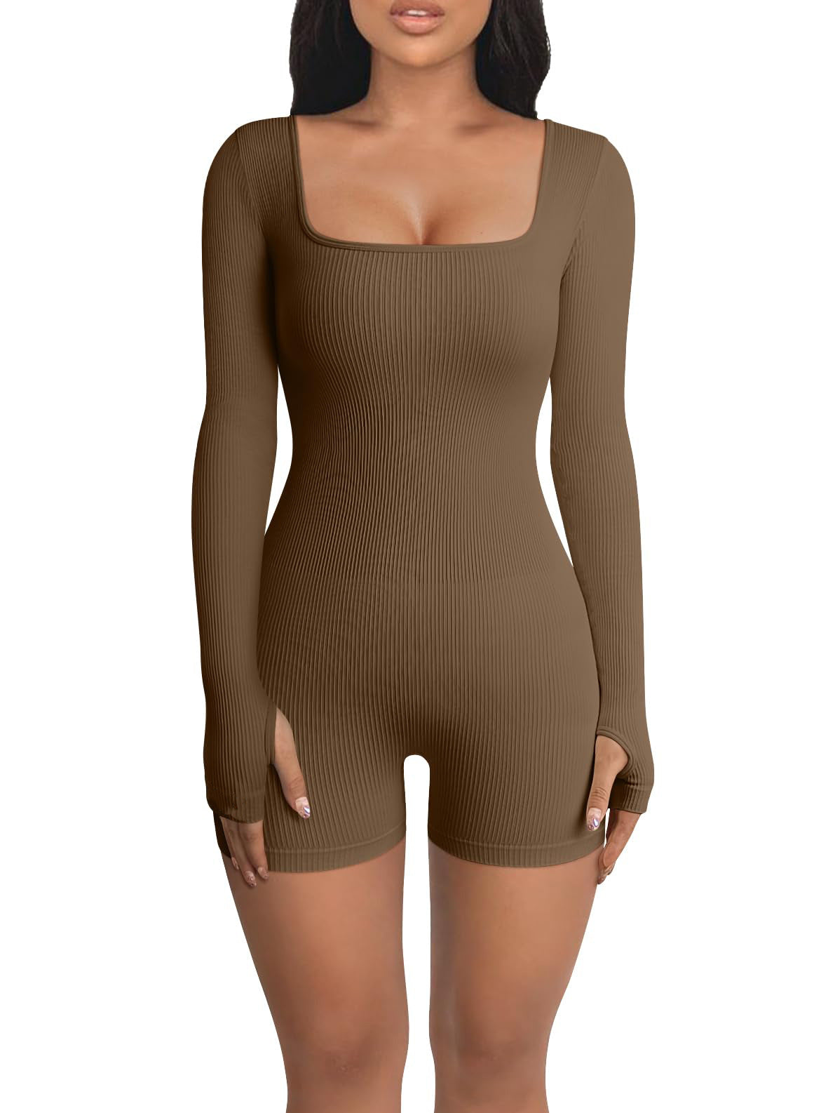 Slim-Fit Square Collar Long Sleeve Casual Jumpsuit