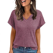 V‑Neck Corduroy Summer Top – Loose Fit, Trendy Short‑Sleeve
