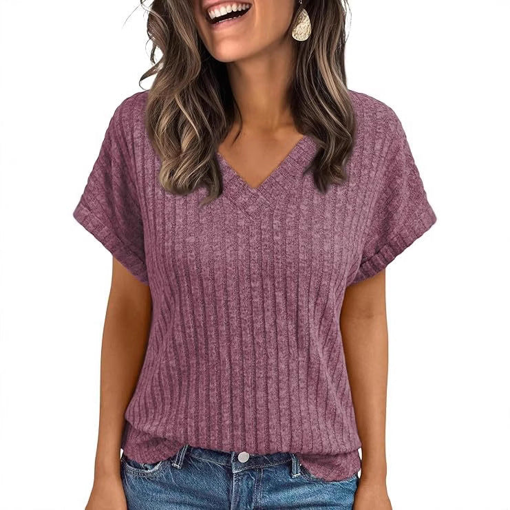 V‑Neck Corduroy Summer Top – Loose Fit, Trendy Short‑Sleeve