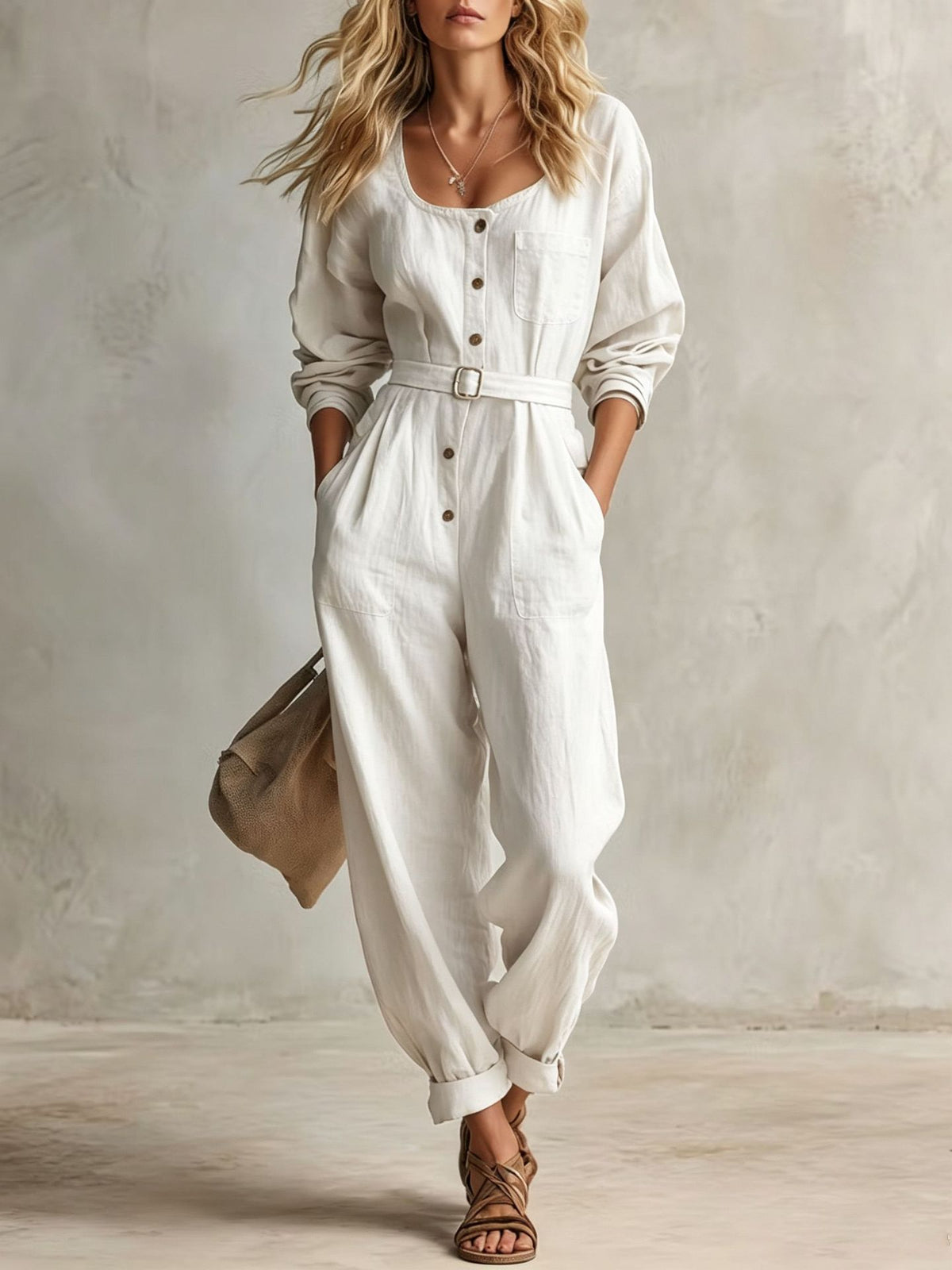 Women's Elegant Square Neck Long Sleeve Linen Jumpsuit