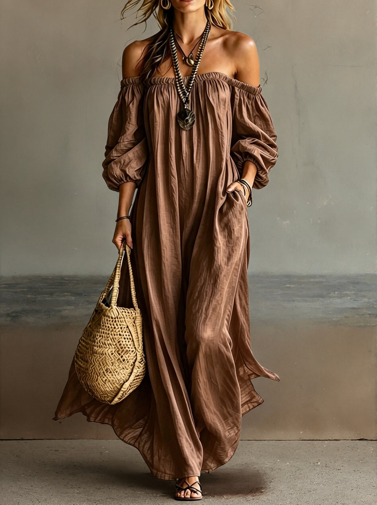 Off-Shoulder Puff-Sleeve Long Dress