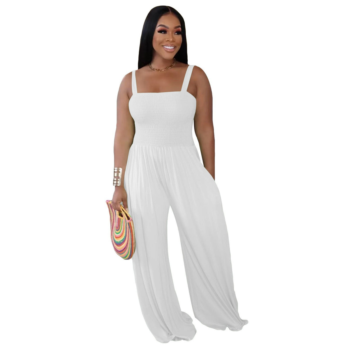 Casual Solid Color Strap Tube Top Wide Leg Jumpsuit