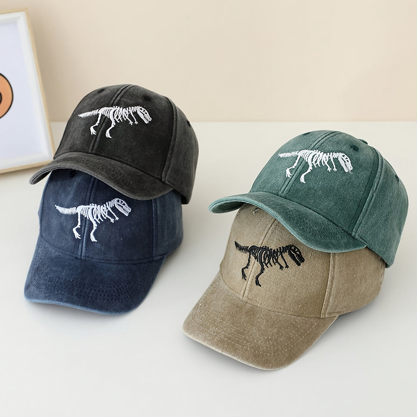 Toddler Dinosaur Embroidered Baseball Cap with Bone Print