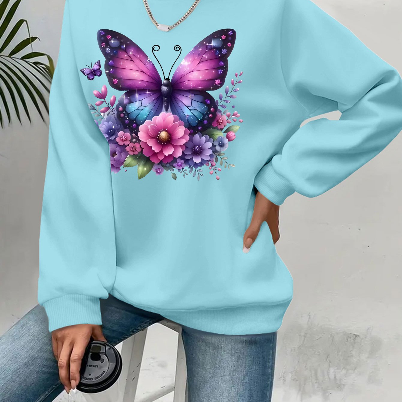 Plus Size Soft Purple‑Blue Butterfly Floral Print Long Sleeve Round Neck Sweatshirt
