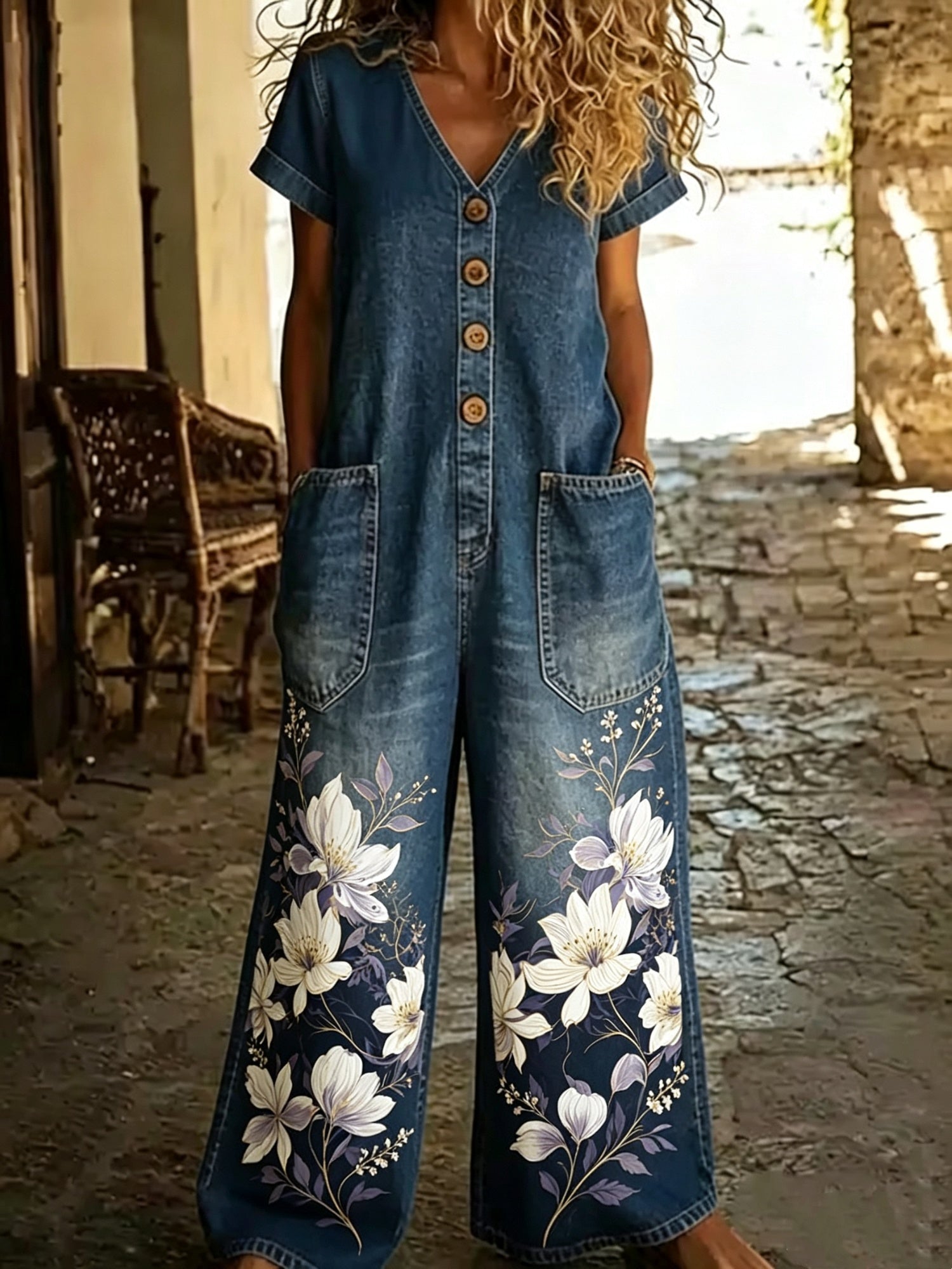 Casual Denim Wide-Leg Short Sleeve Jumpsuit with Pockets