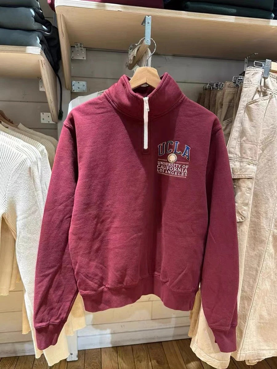 Wine Red Half-Zip Terry Pullover Sweater