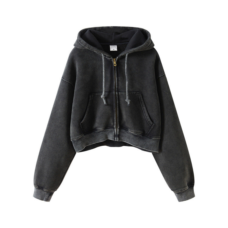 Washed Plush Zipper Hooded Sweater Retro Hot Girl Blouse