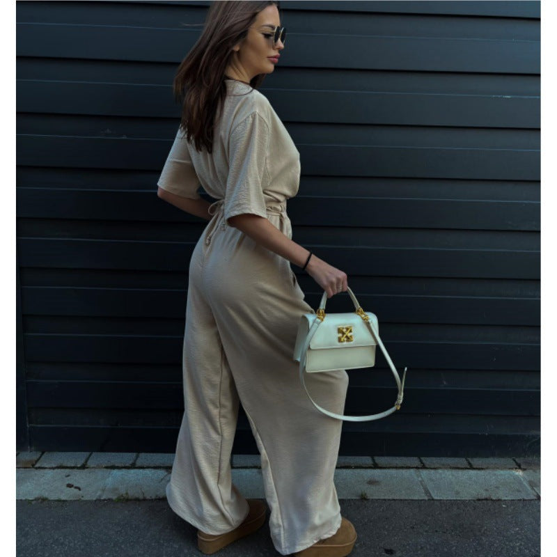 Chic V-Neck Wide-Leg Jumpsuit with Waist Tie