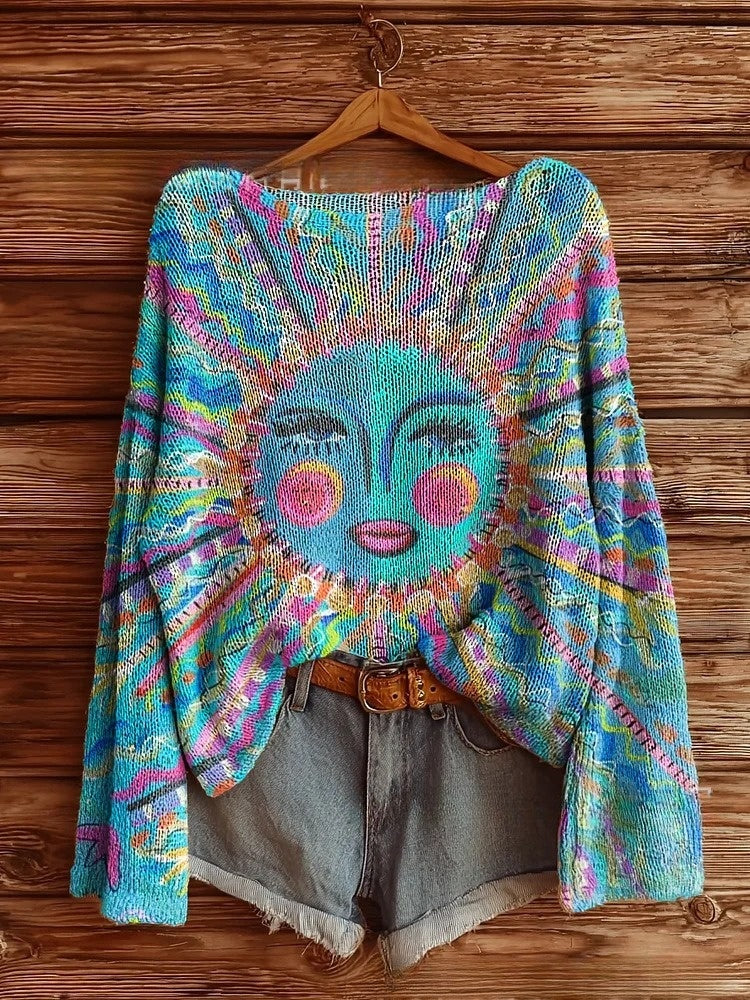 Pattern Shading Women's Printed Wear Round Neck Imitation Sweater