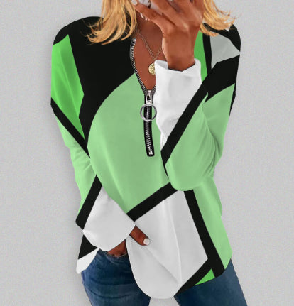 Geometric Print Retro Long-Sleeve Zip Pullover