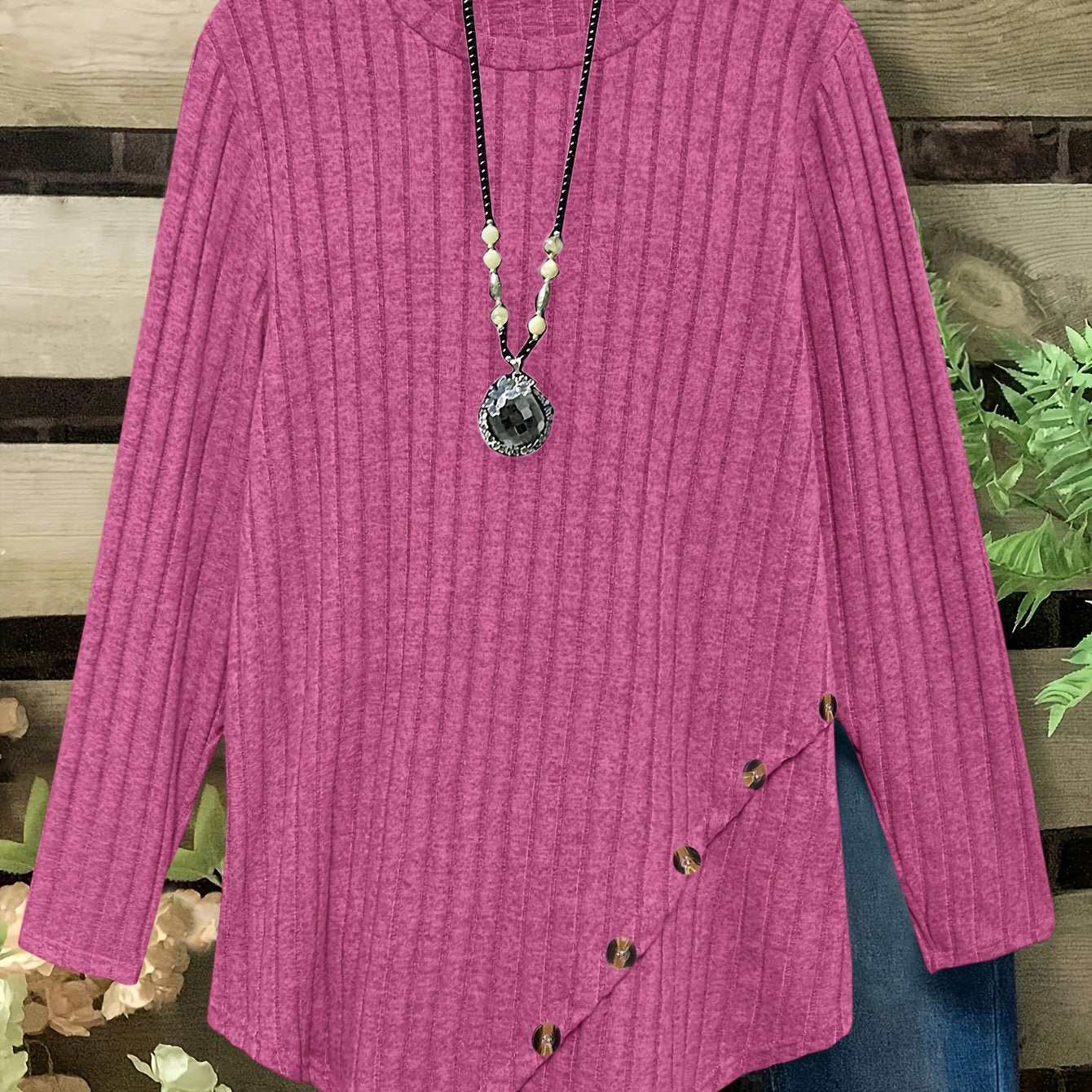 Plus Size Lightweight Ribbed Long Sleeve T-Shirt with Asymmetrical Hem