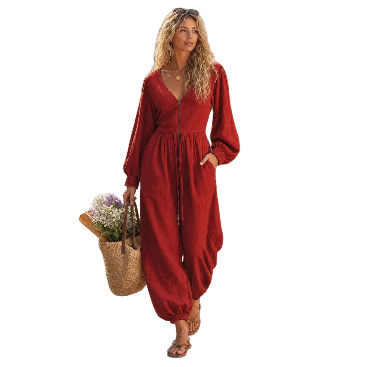 Elegant V-Neck Long-Sleeve Solid Zipper Jumpsuit