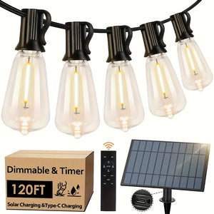 Solar Powered, String Lights 100FT Solar String Lights - Solar Powered Dimmable ST38 LED, 31 Shatterproof Bulbs - Patio Hanging Lights For Backyard, Garden, Party, Halloween, Christmas Decoration