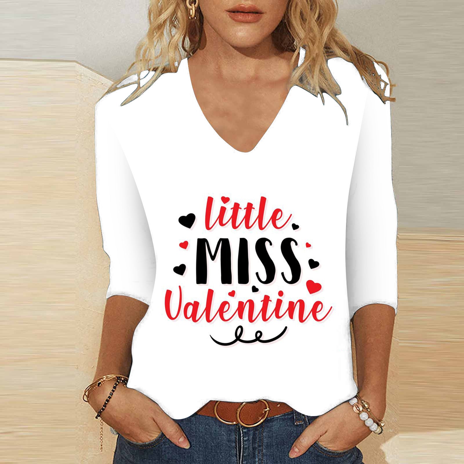Cute Valentine's Heart V-Neck 3/4 Sleeve Casual T-Shirt