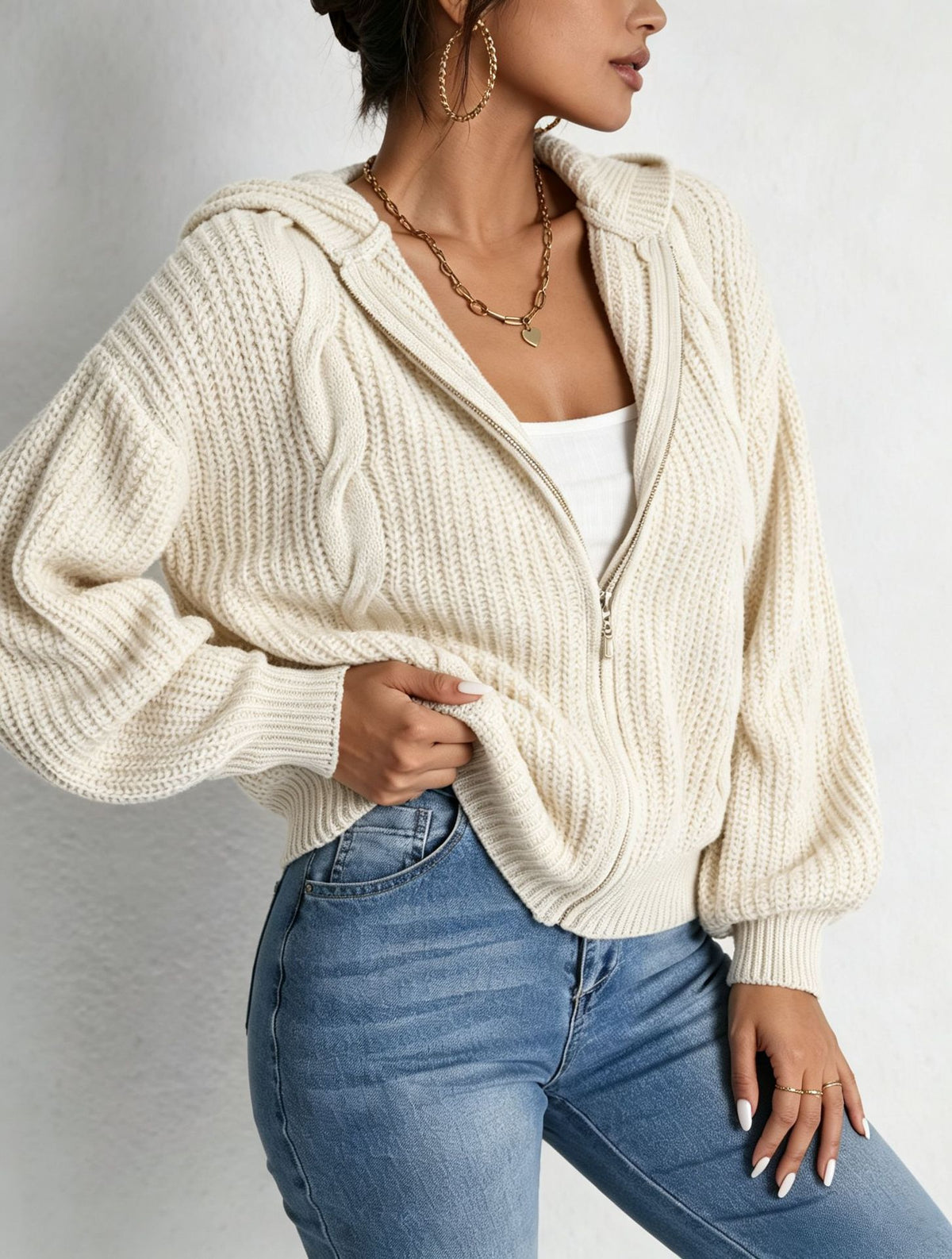 Autumn Womens Fallwinter Hooded Sweater Cardigan Solid-color Knitted Outerwear Top
