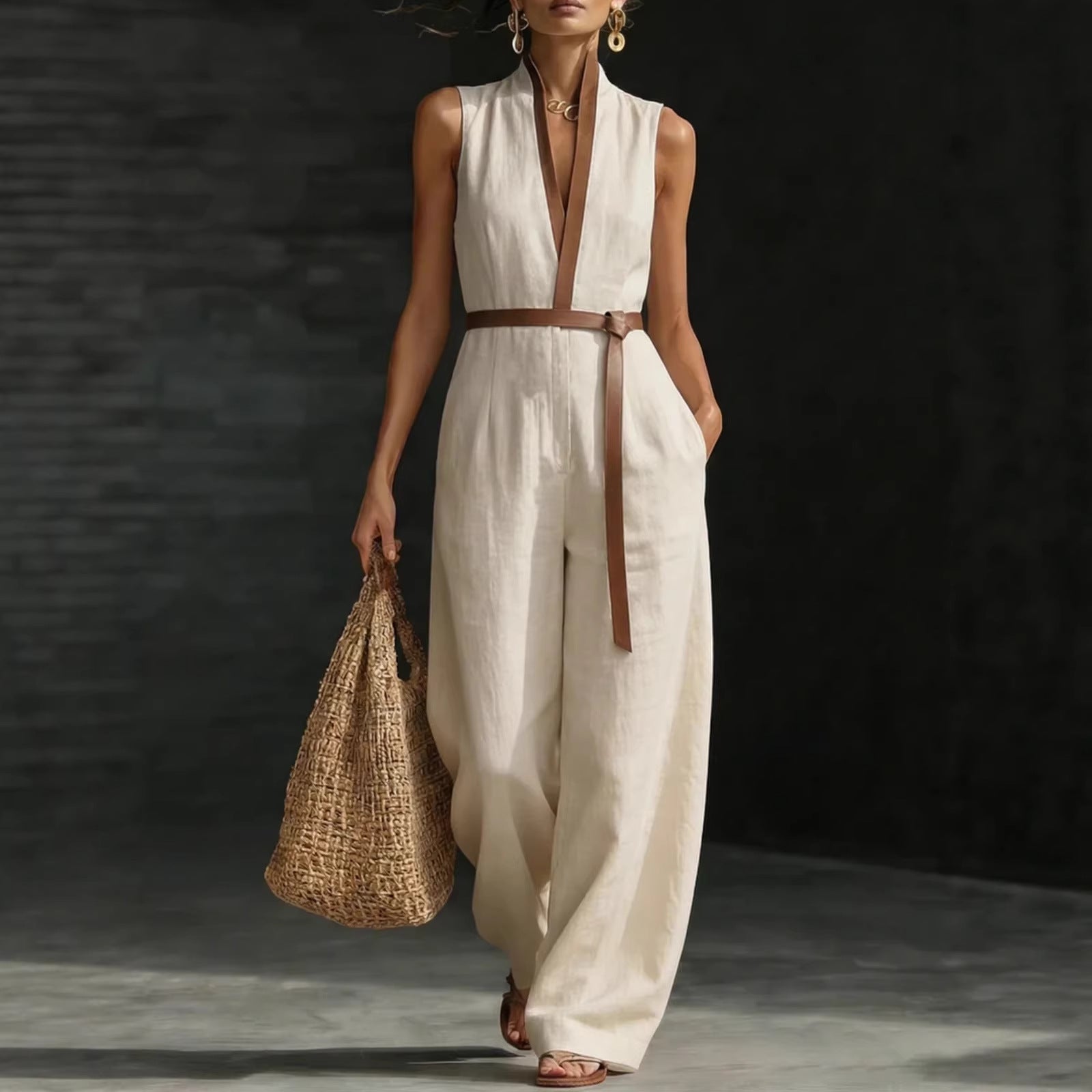 Womens Sleeveless Spliced Off-Shoulder Loose Jumpsuit