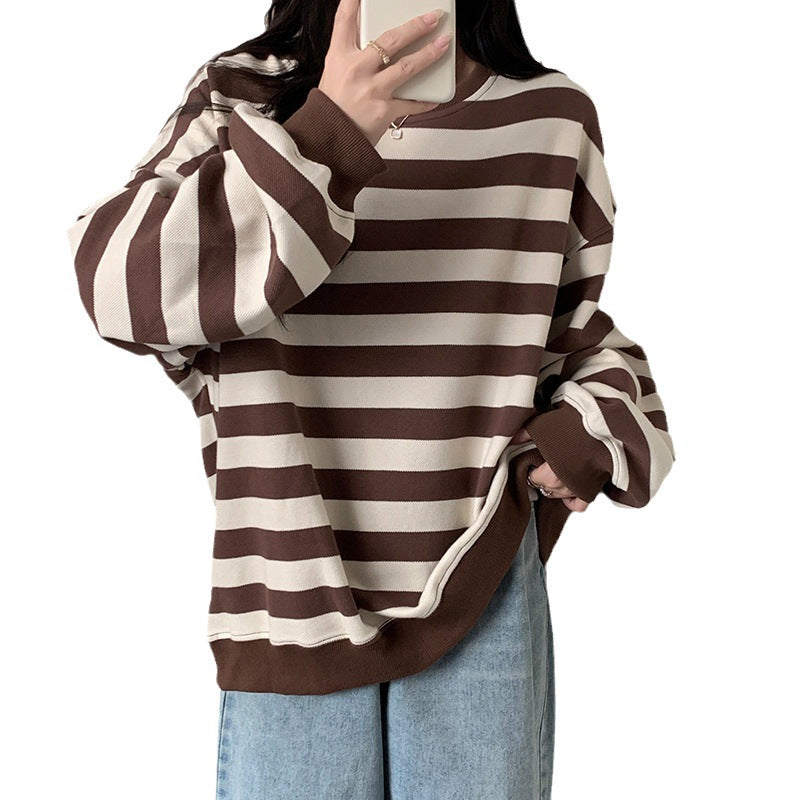 Retro Striped Crew Neck Casual Sweatshirt for Women
