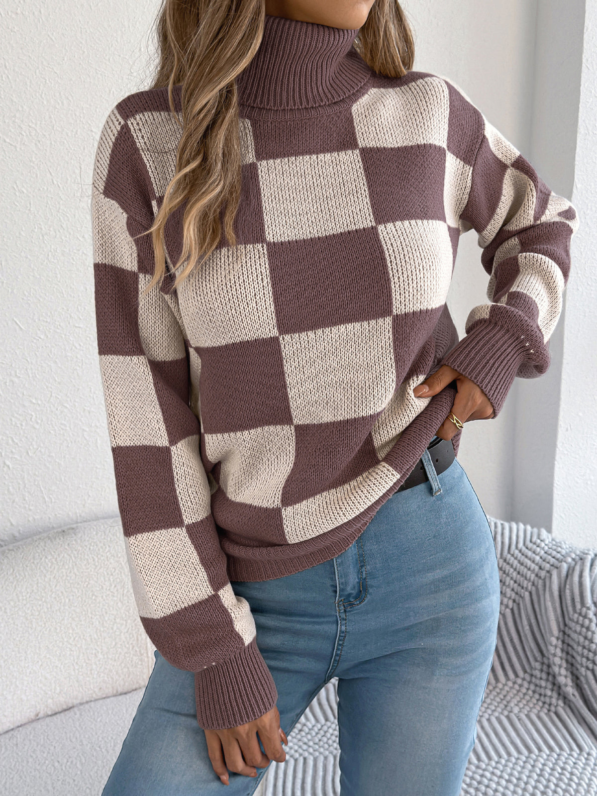 Women's High Neck Color-blocked Plaid Lantern Sleeve Sweater