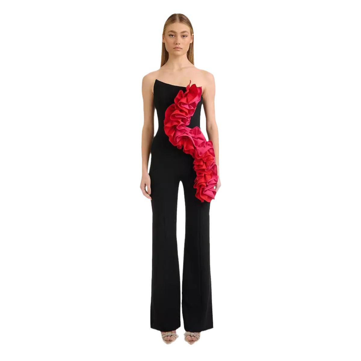 Bandage Fashion Tube Top Red Applique Wide Leg Jumpsuit