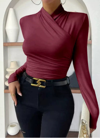 Cross Collar Pleated Slim Long Sleeve Top
