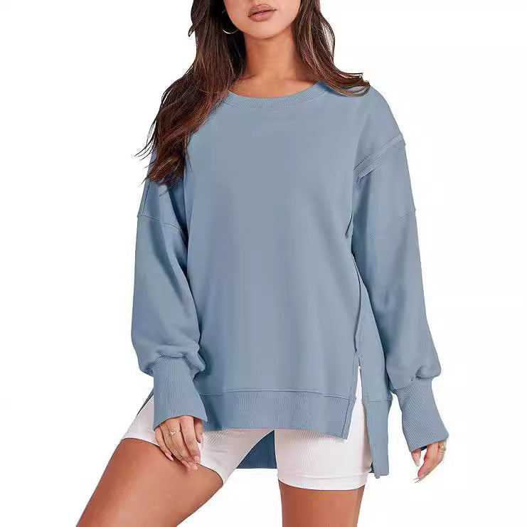Frayed Hem Split Patchwork Long Sleeve Sweater