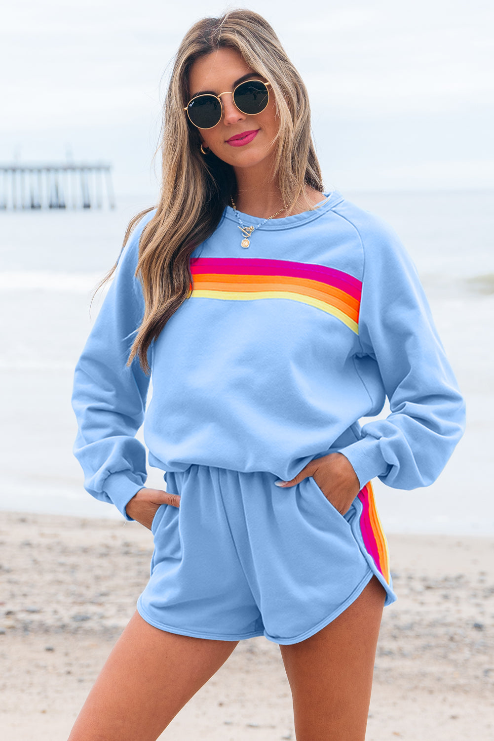 Beau Blue Accent Pullover And Shorts Two Piece Casual Set