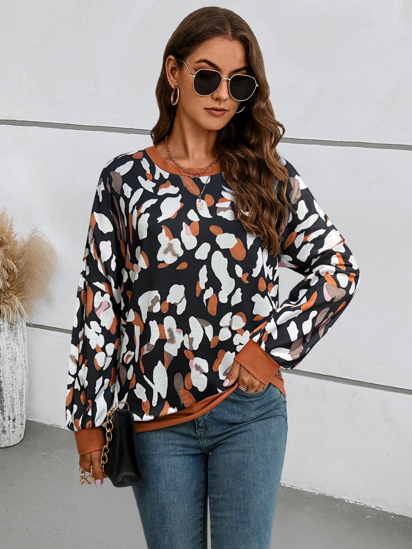 Chic Printed Lantern Sleeve Drop-Shoulder Sweater