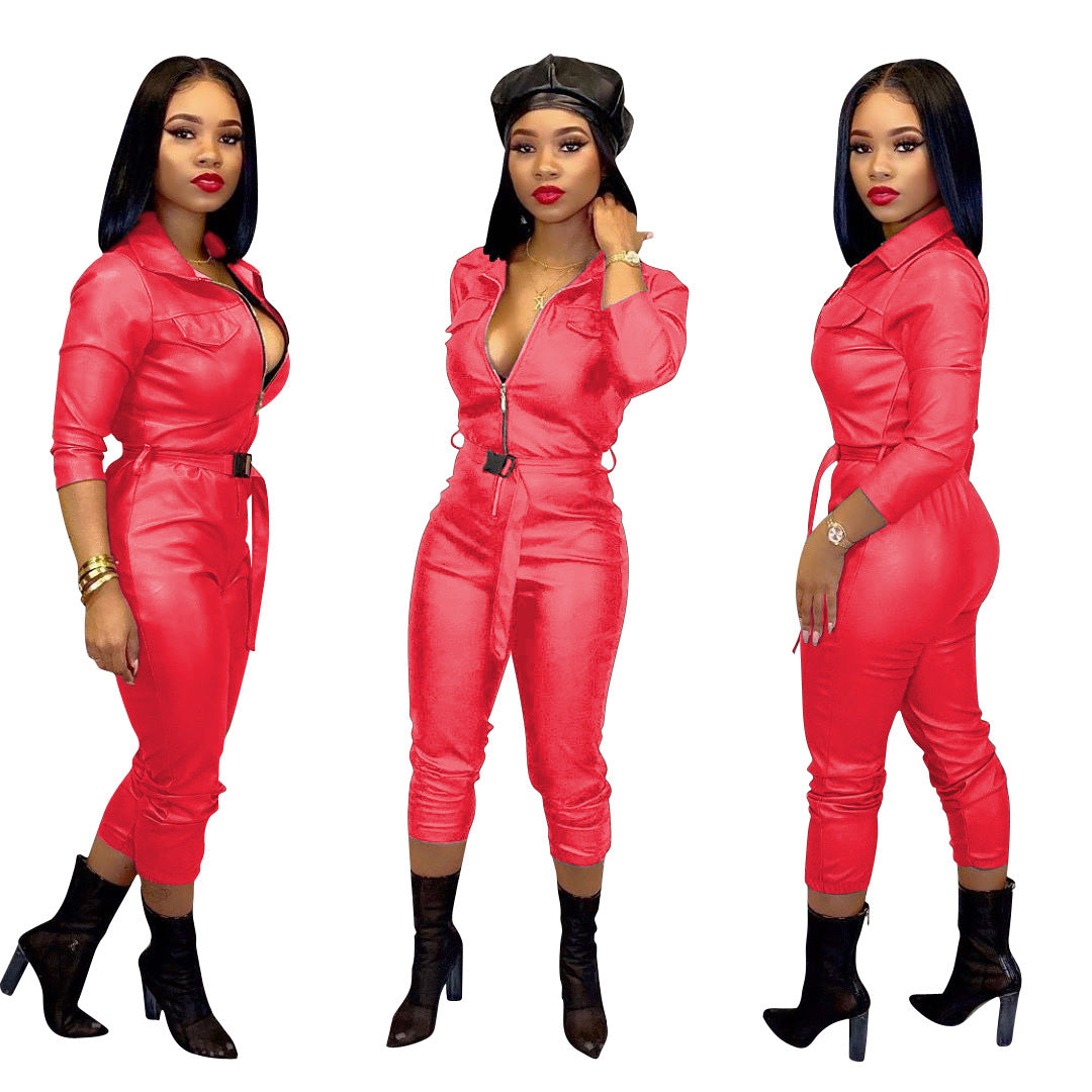 Women's High Elastic Faux Leather Casual Jumpsuit