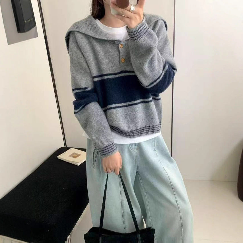 Color-block Striped Nautical-style Oversized Lapel Sweater for Women Autumn and Winter