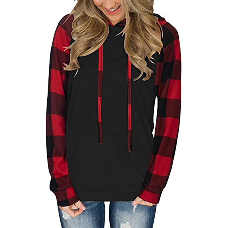 Women's Long-sleeved Color Matching Casual Plaid Hooded T-shirt