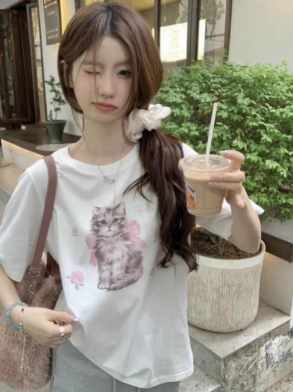 Cat Printing Short-sleeved T-shirt For Women Round Neck Loose Top