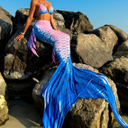 Mermaid Print 3-Piece Bikini Set for Women – Gradient Blue and Pink, Halter Neck Top, Triangle Bottom, Long Fishtail Skirt